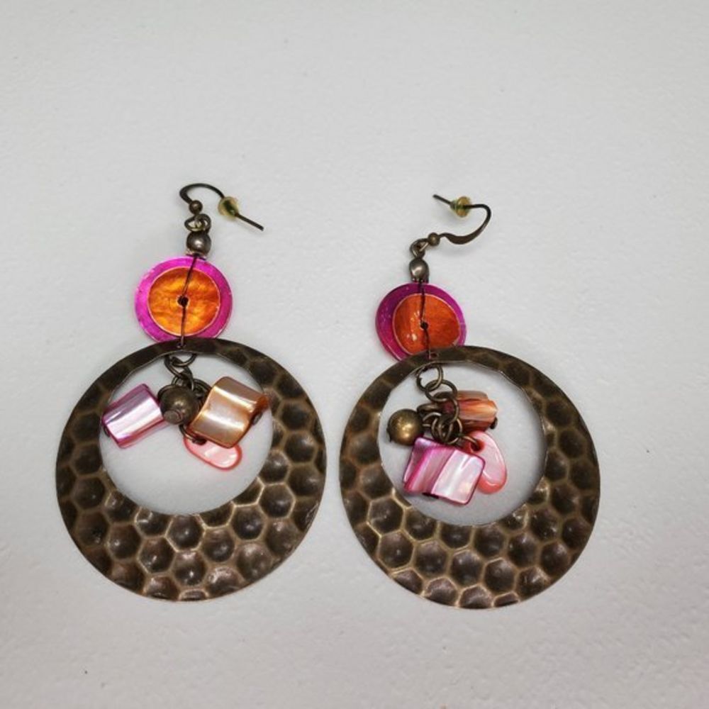Textured Earrings Statement Orange Pink Gold Tone - Picture 1 of 6